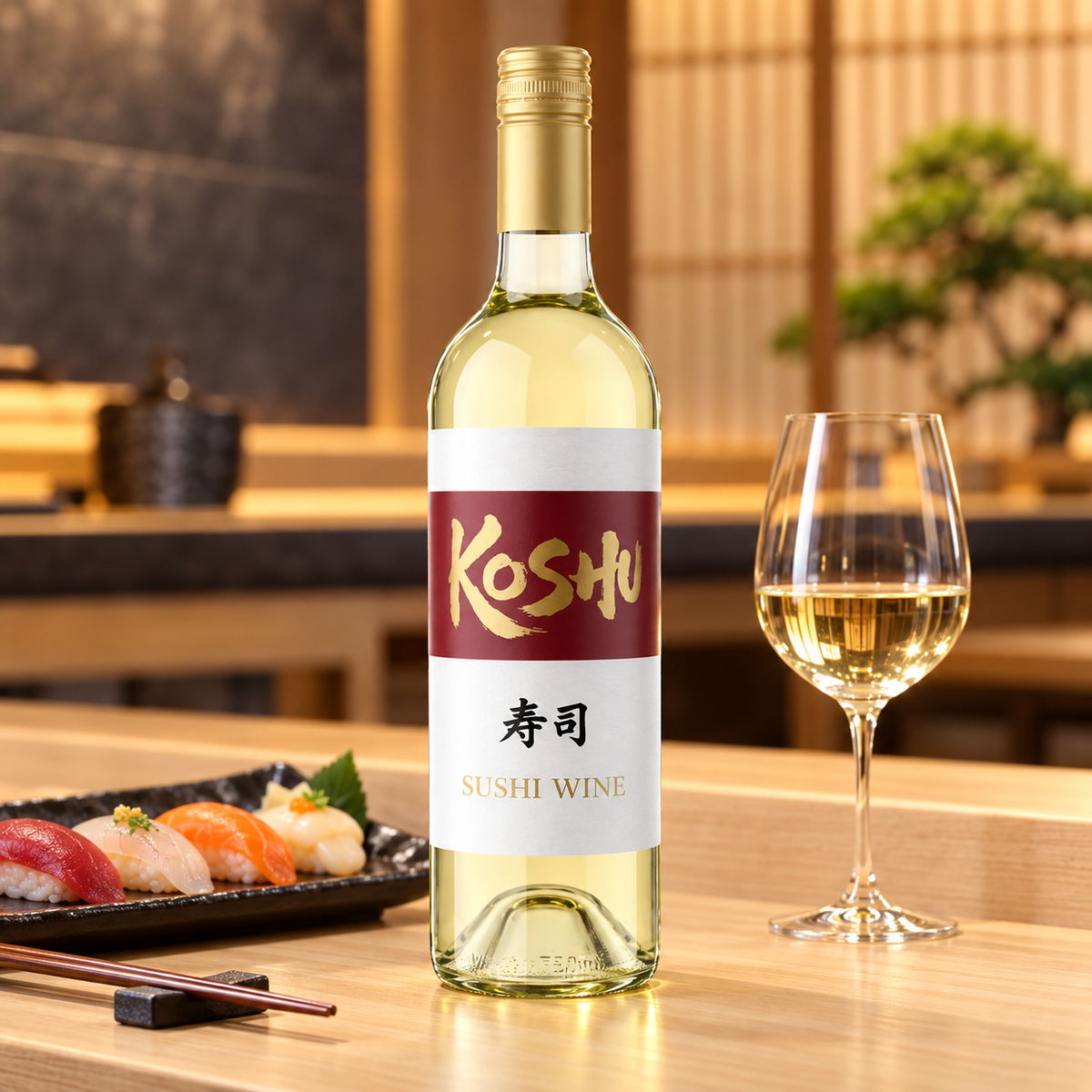 Garrafa de Koshu Sushi Wine ao lado de pratos de sushi e sashimi